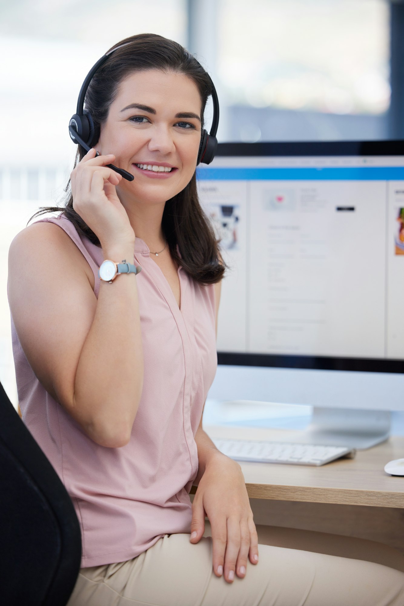 Woman, call center and portrait by computer in office for consulting job with smile, vision and gla